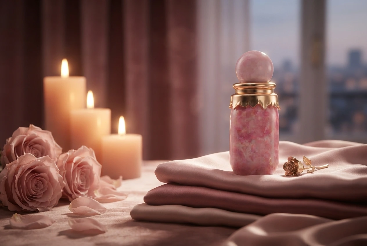 Marshmallow Blush among roses and satin