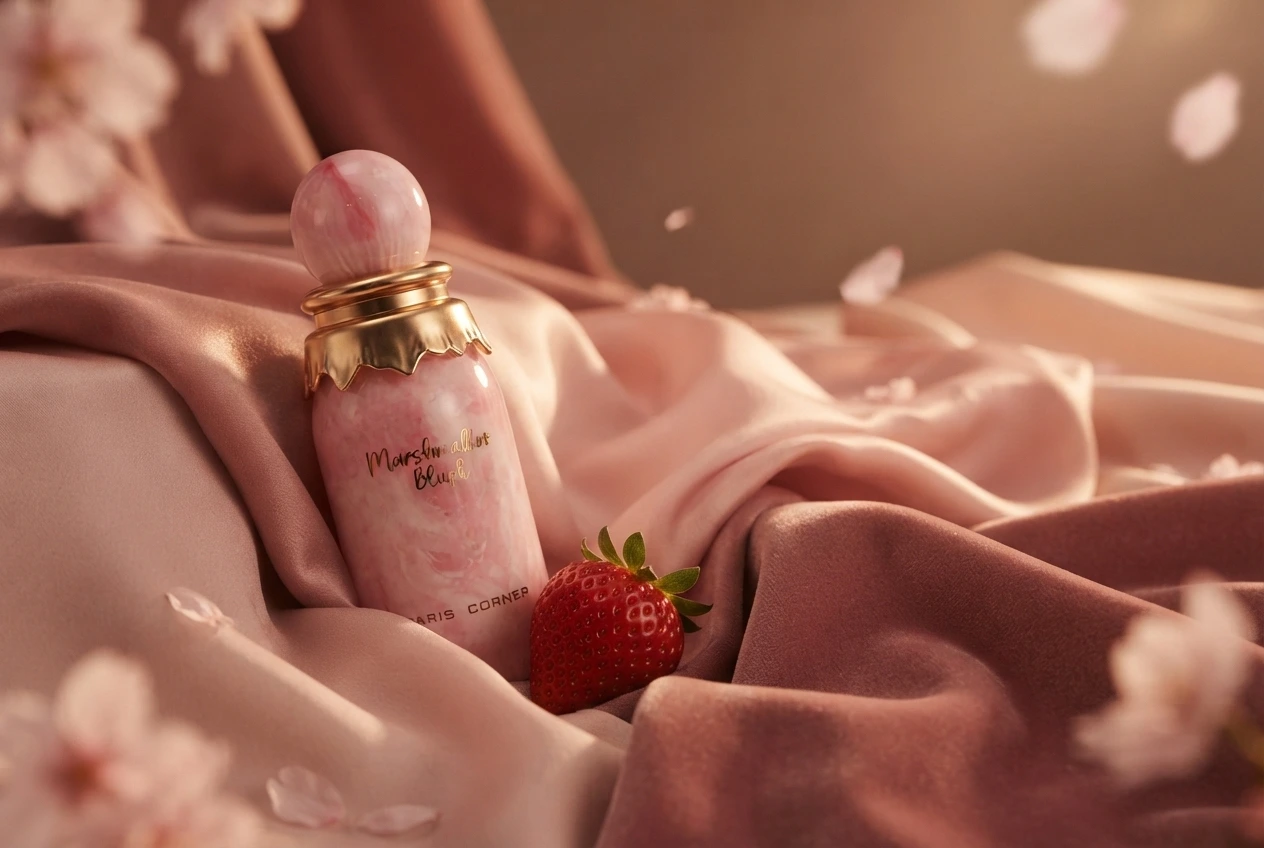 Marshmallow Blush with a strawberry on pink satin